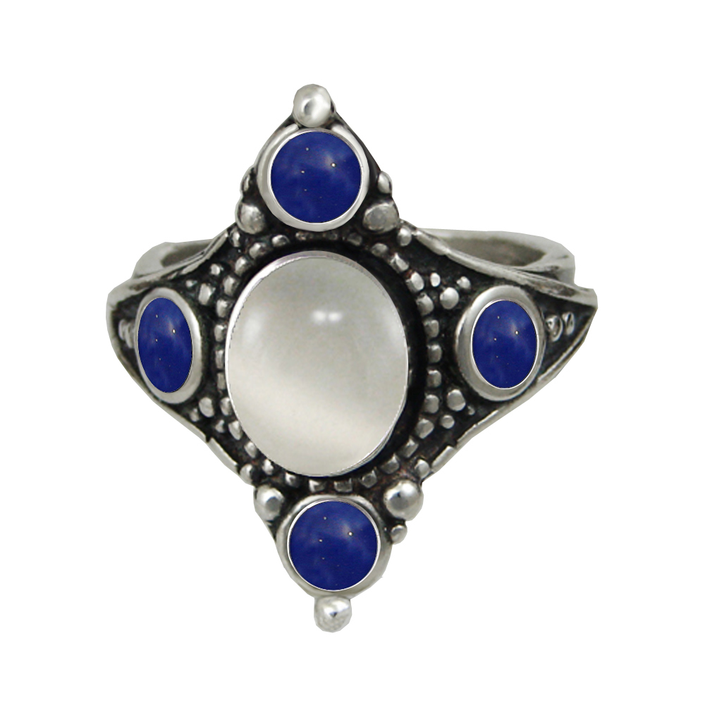 Sterling Silver Renaissance Queen's Ring With White Moonstone And Lapis Lazuli Size 6